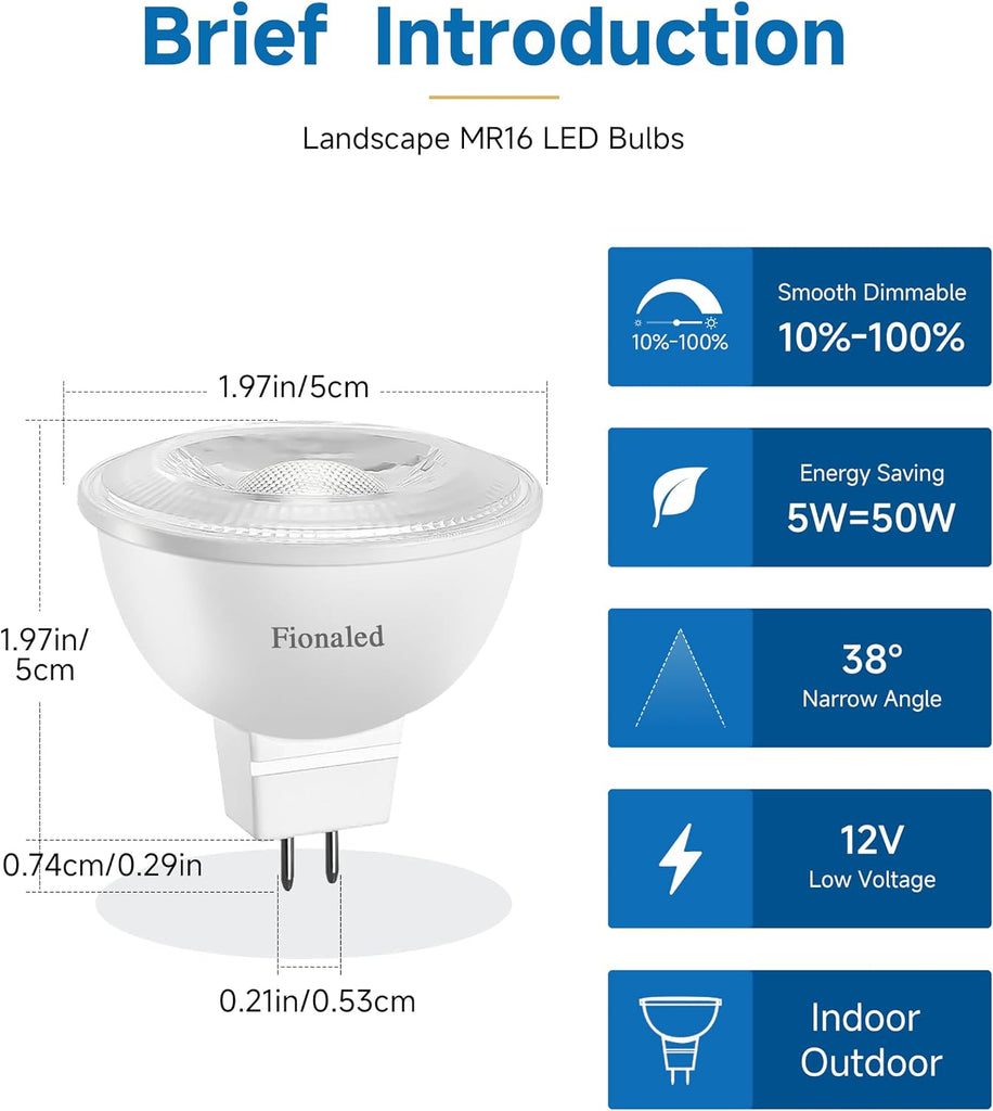 MR16 LED Bulbs Dimmable, 5W=50W, 2700K Warm, 12V GU5.3, 10PACK