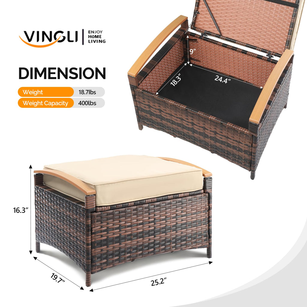 2 Pieces Rattan Ottoman with Storage, Wicker Patio Furniture w/Removable Cushion, Multipurpose Footrest Stool for