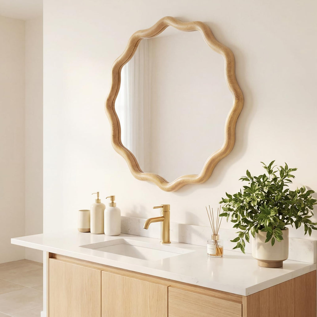 24" Scalloped Wood Wall Mirror, Boho Wall Decor, Natural