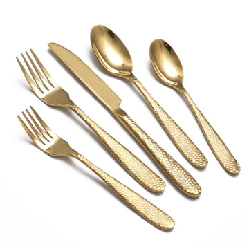 Gold Hammered Silverware Set, 20 Piece Stainless Steel Heavy Duty Flatware Set for 4, Food-Grade Tableware Cutlery