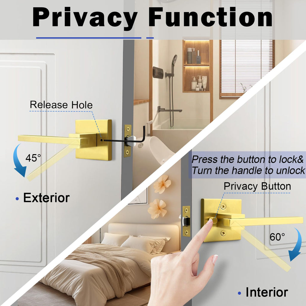 10 Pack Gold Privacy Door Handles Square Keyless Door Lever, Interior Door Handle , Modern Door Handle Sets Stainless
