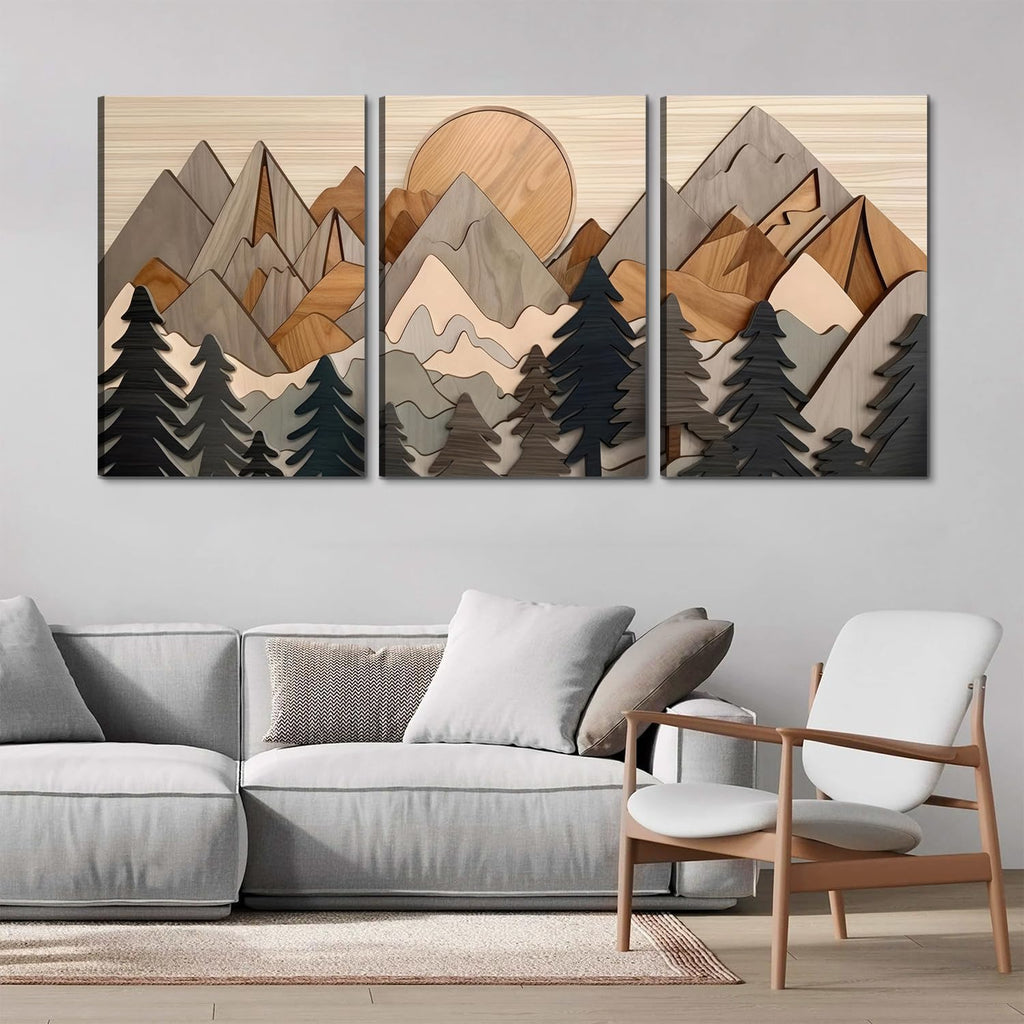 Set of 3 Mountain canvas Wall Art Large Forest Wall Decor pictures Woodcut Wooden Landscape poster Prints Abstract