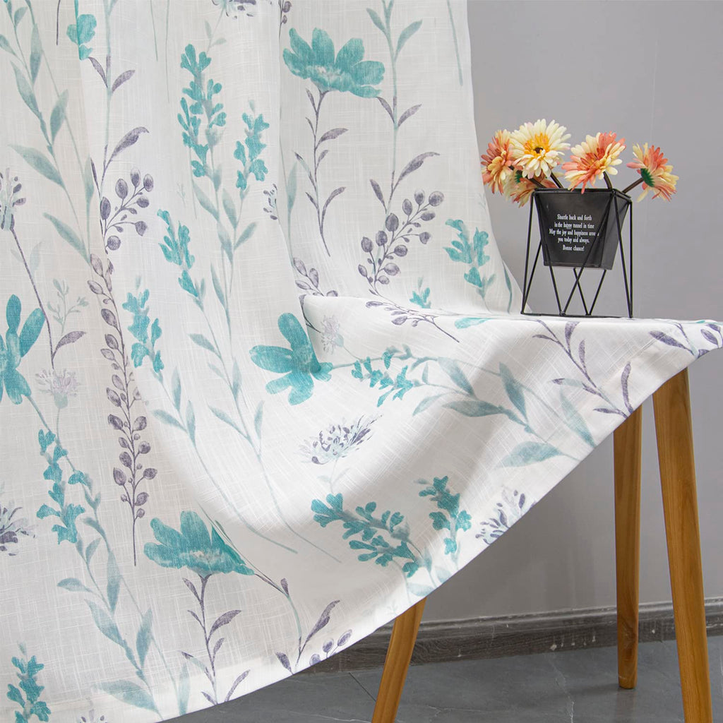 Printed Kitchen Valance Linen Textured 18-inches Floral Leaf Design Farmhouse Style Window Panel Drapes Set Grommet