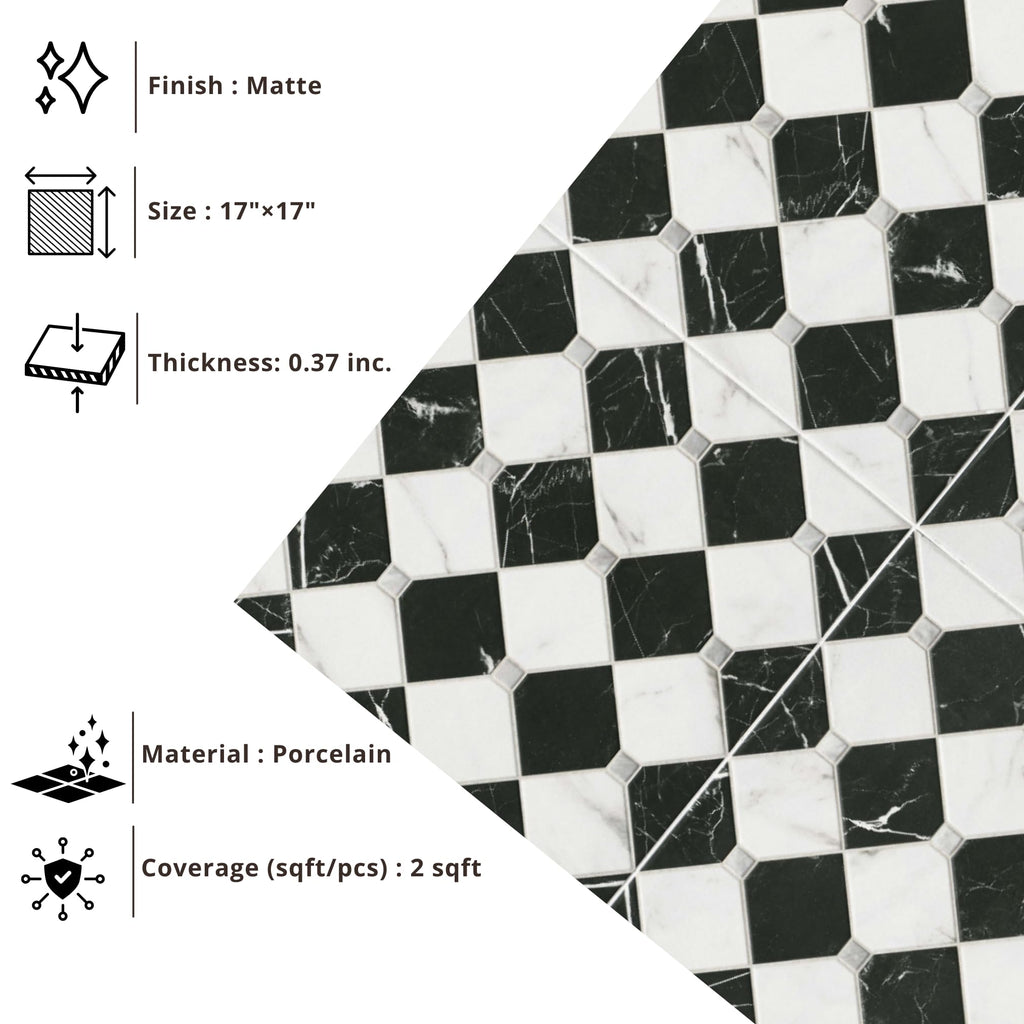 17" x 17" Black & White Matte Marble Look Checkerboard Porcelain Tile, Floor & Wall Tile, Fireplace & Commercial