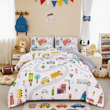 Twin Comforter Sets for Boys 3-Piece Cartoon Cars Kids Bedding Sets Soft and Lightweight White Construction Comforter