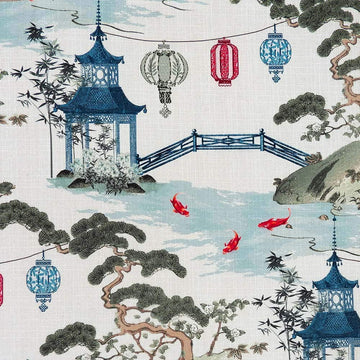 Kirin Pearl Multicolored Asian Chinoiserie Pagoda Koi Toile Print Fabric