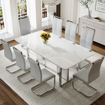 79" White Marble Dining Table Set for 8