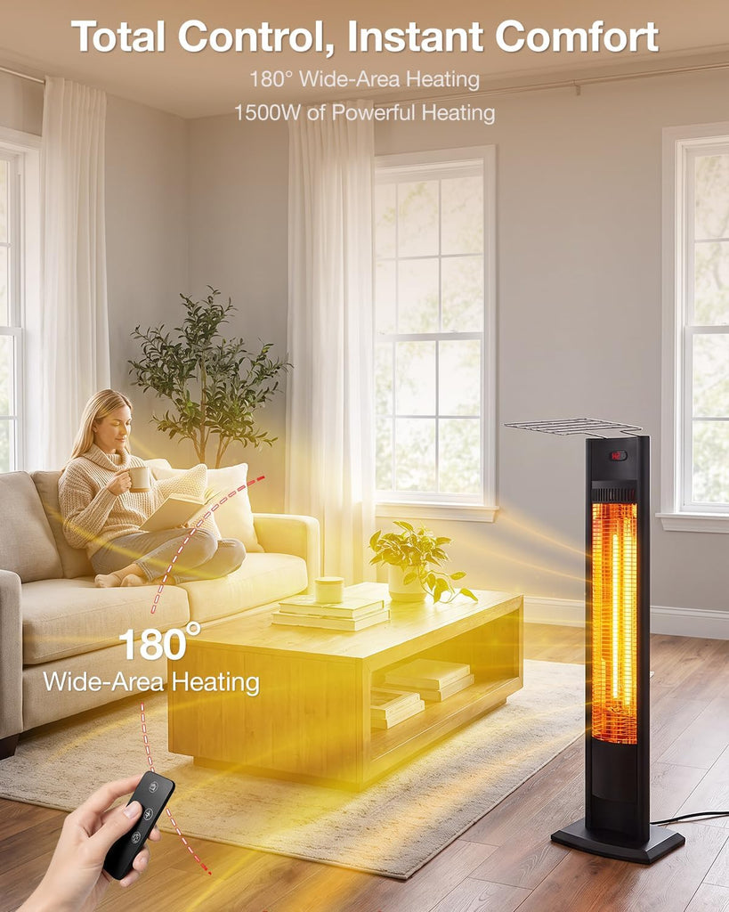 Electric Patio Heater 38.5in, 1500W Infrared Indoor & Outdoor, Portable Standing Space Heater with IPX4 Waterproof