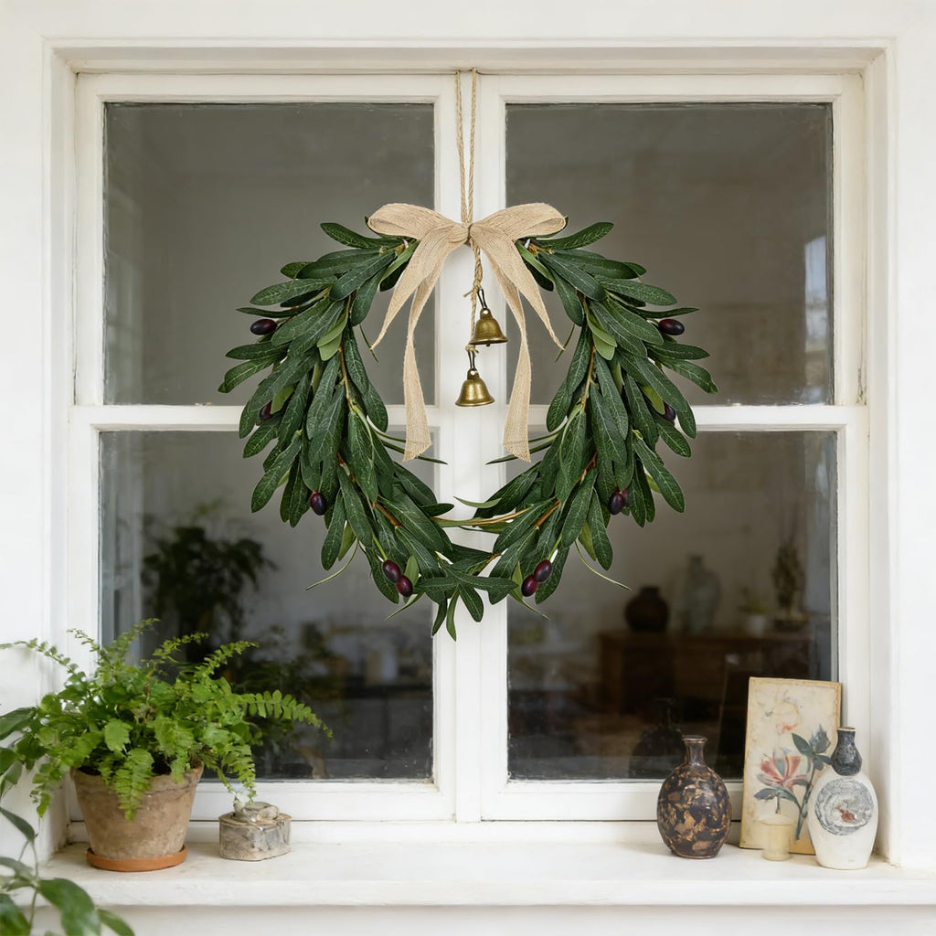 Spring Wreath for Front Door Artificial Olive Leaf & Fruit Wreath- Heart Shaped Greenery Hanging Olive Bunch for