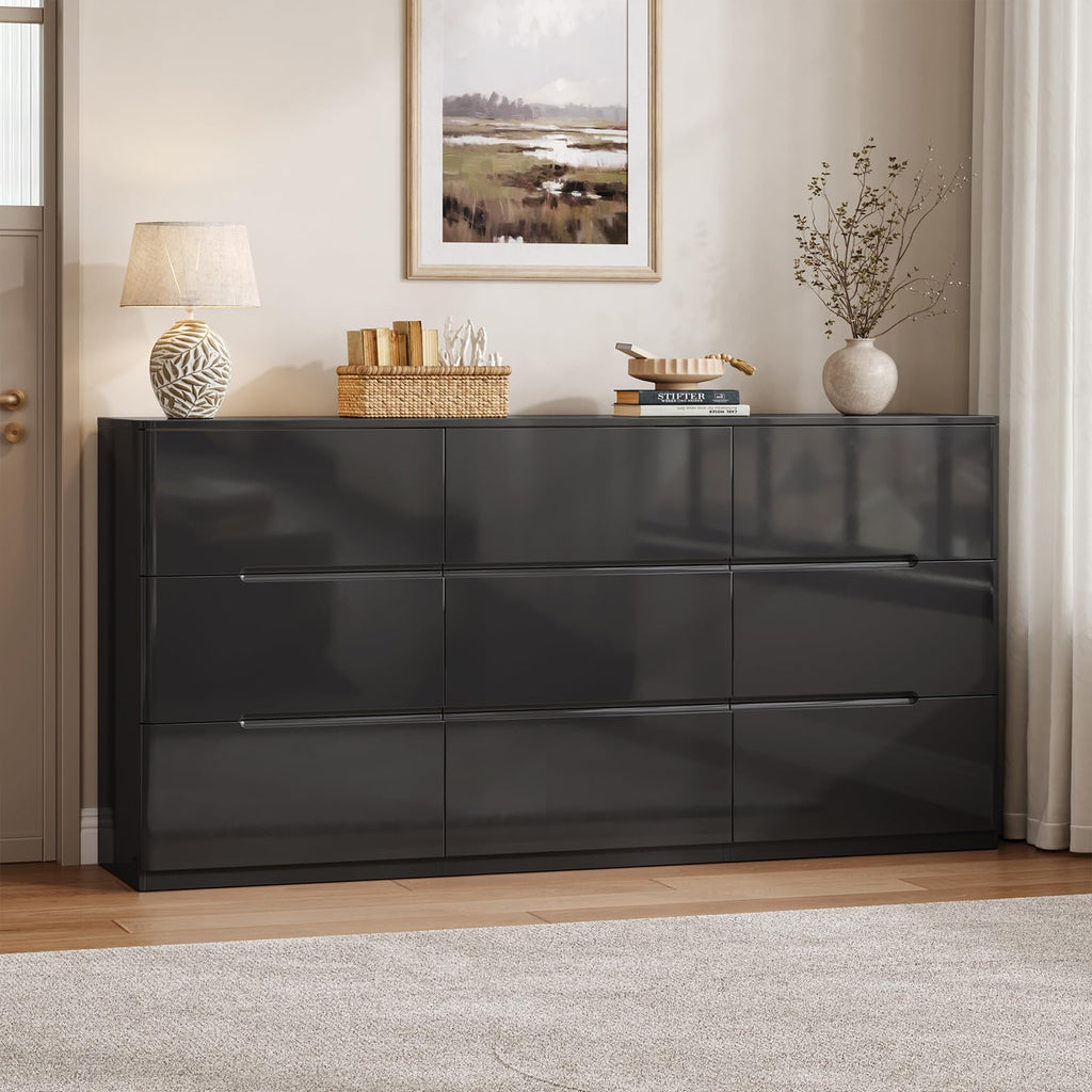 High Gloss Dresser, 60.2" Wide 9 Drawer Dresser, Black