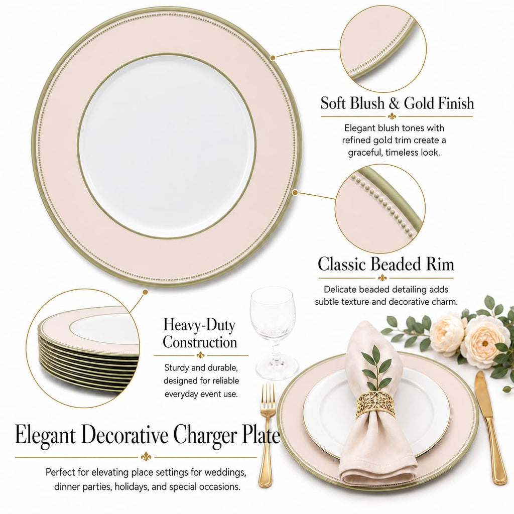 Champagne Blush Charger Plates Set of 12-13in Gold Beaded Rim Chargers for Dinner Plates- Heavy Duty Round Plastic
