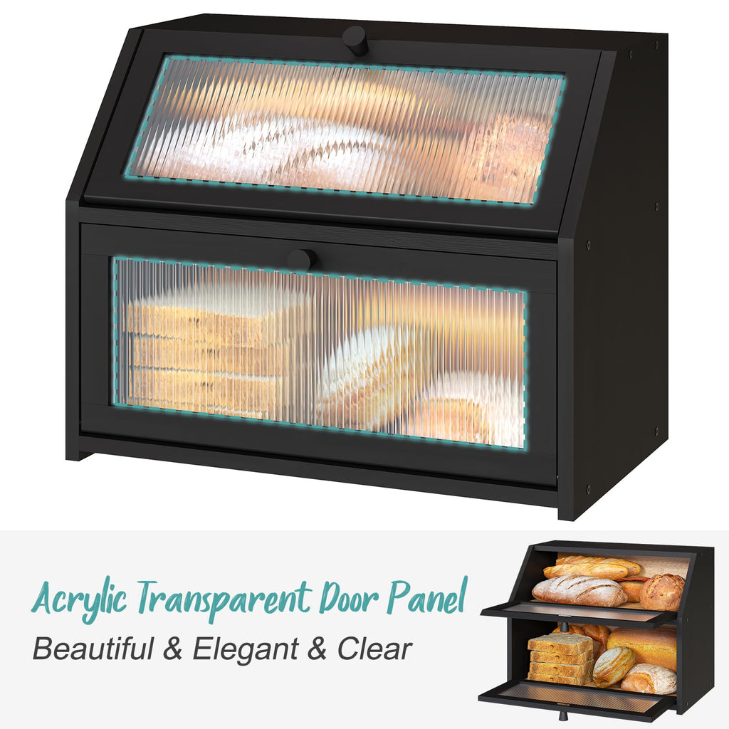 Black Counter, Large Bamboo Wood Double Layer, Wooden Bread Storage Capacity