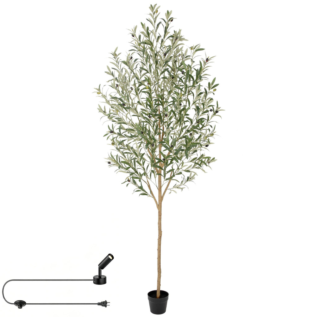 7ft Faux Olive Tree with Warm White Spotlight & Real Wood Trunk, 84in Artificial Olive Tree with Lifelike Fruits &
