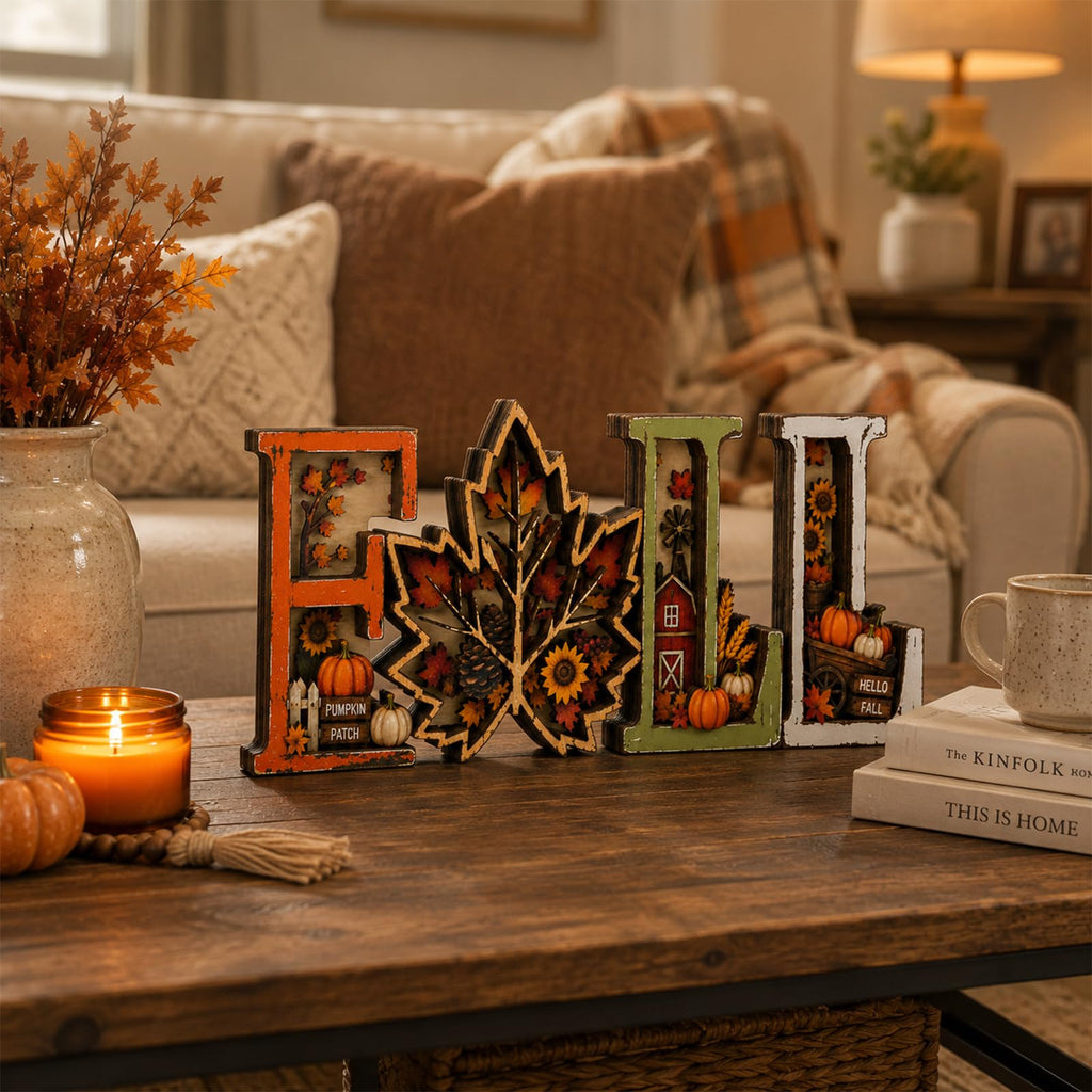 Fall Decorations 2026, 3D Wooden Fall Decor with Harvest Autumn Sign Leaf Pumpkin Scene, Rustic Thanksgiving Tabletop