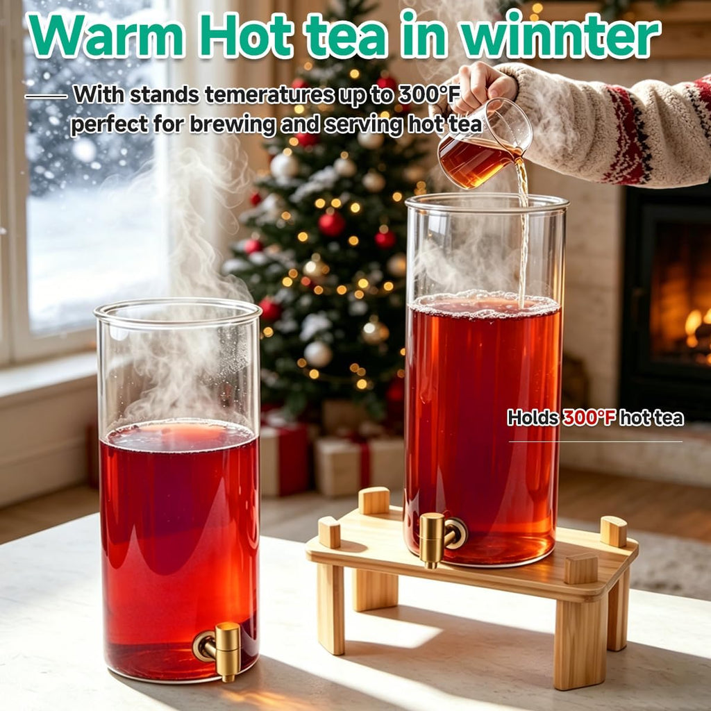 Gallon (4 gallon) Beverage Dispenser With Bamboo Wood Stand,Large Glass Drink Dispenser for Parties,Large - Set of 2