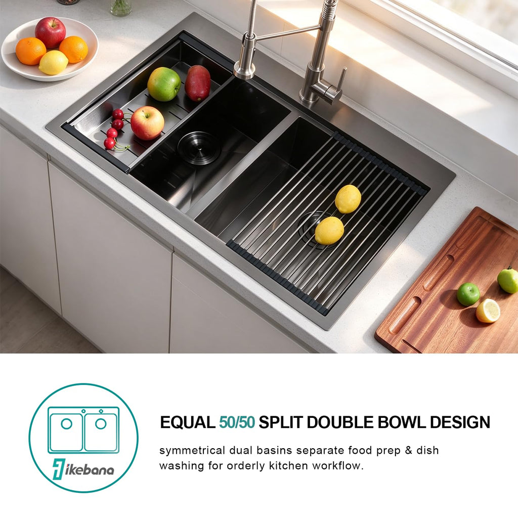 33x22 Double Bowl Kitchen Sink 33 Inch Black, Stainless Steel Drop in Double Bas Sink, Topmonut 50/50 Kitchen Sinks