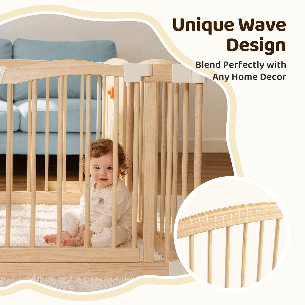 Wooden Baby Playpen, 60"×89"×25" 10-Panel Foldable Wood Play Yard with 3 Montessori Toys for Toddlers, Adjustable