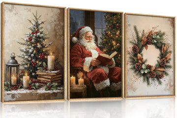 Vintage Christmas Tree Santa Claus Framed Canvas Wall Art Set, Rustic Pinecone Wreath Berries Decor, Retro Winter