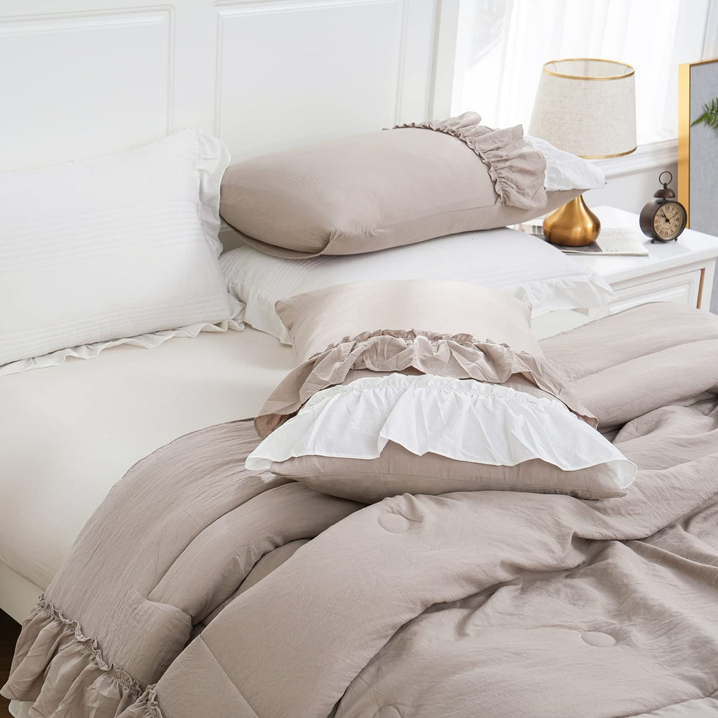 Taupe and White Two-Tone Ruffle Comforter Set, 3 Pieces Shabby Chic Farmhouse Bedding, Soft Microfiber Comforter