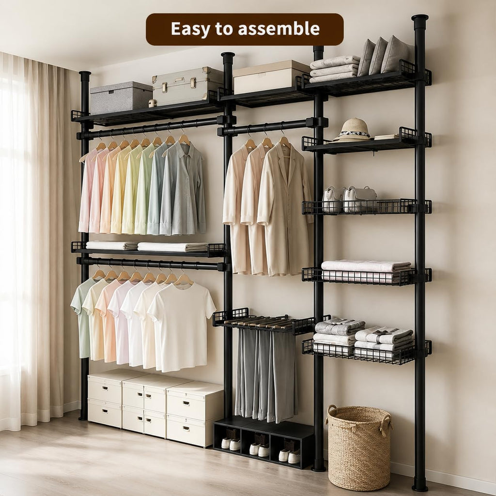 Telescopic Wardrobe Storage Rack, No Drilling Standing Organizer Black