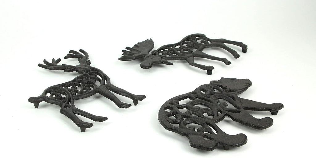 Cast Iron Trivets, 9 Inch Forest Animal Designs - Set of 3