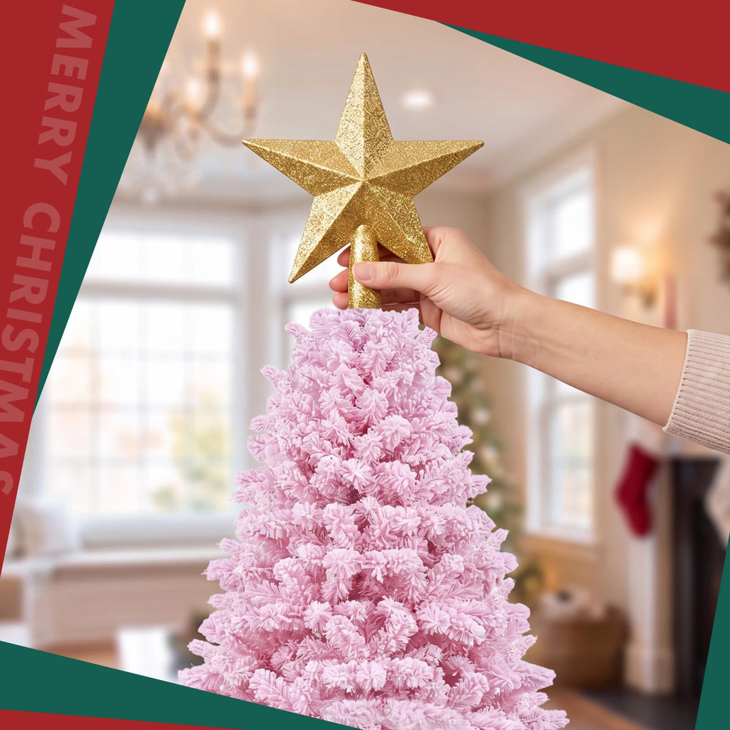 6ft Artificial Christmas Tree Unlit Pine Xmas Tree, Flocked Pink