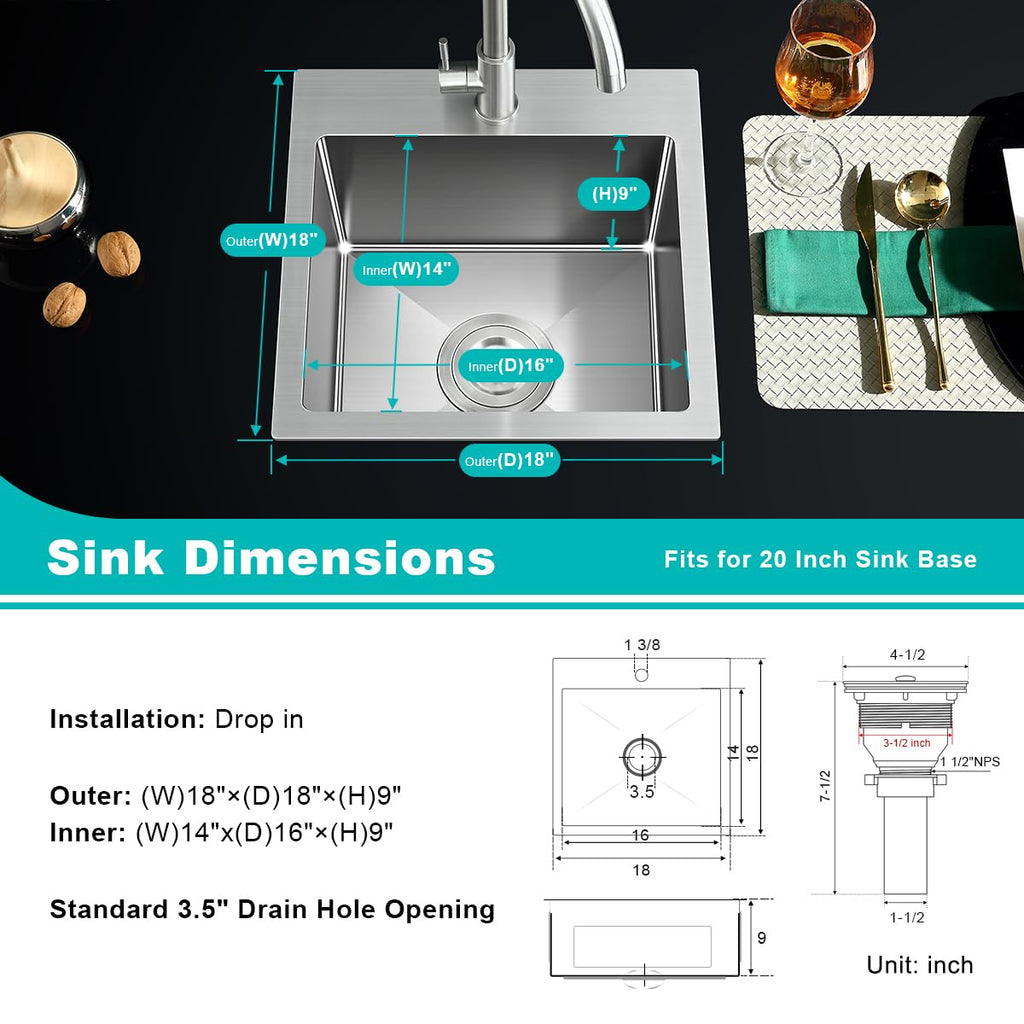 18"x18" Drop in Topmount Kitchen Sink, 304 Stainless Steel Brushed