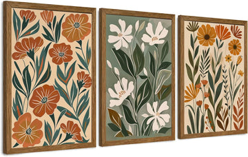 3 Pieces Flower Market Canvas Wall Art, Green Beige Abstract Boho Floral Wall Decor, Minimalist Colorful Botanica Art