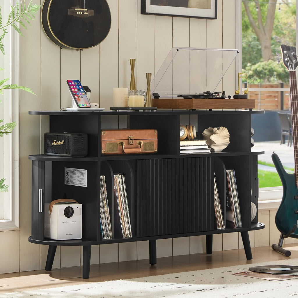 Extra Large Round Record Player Stand with Charging Station