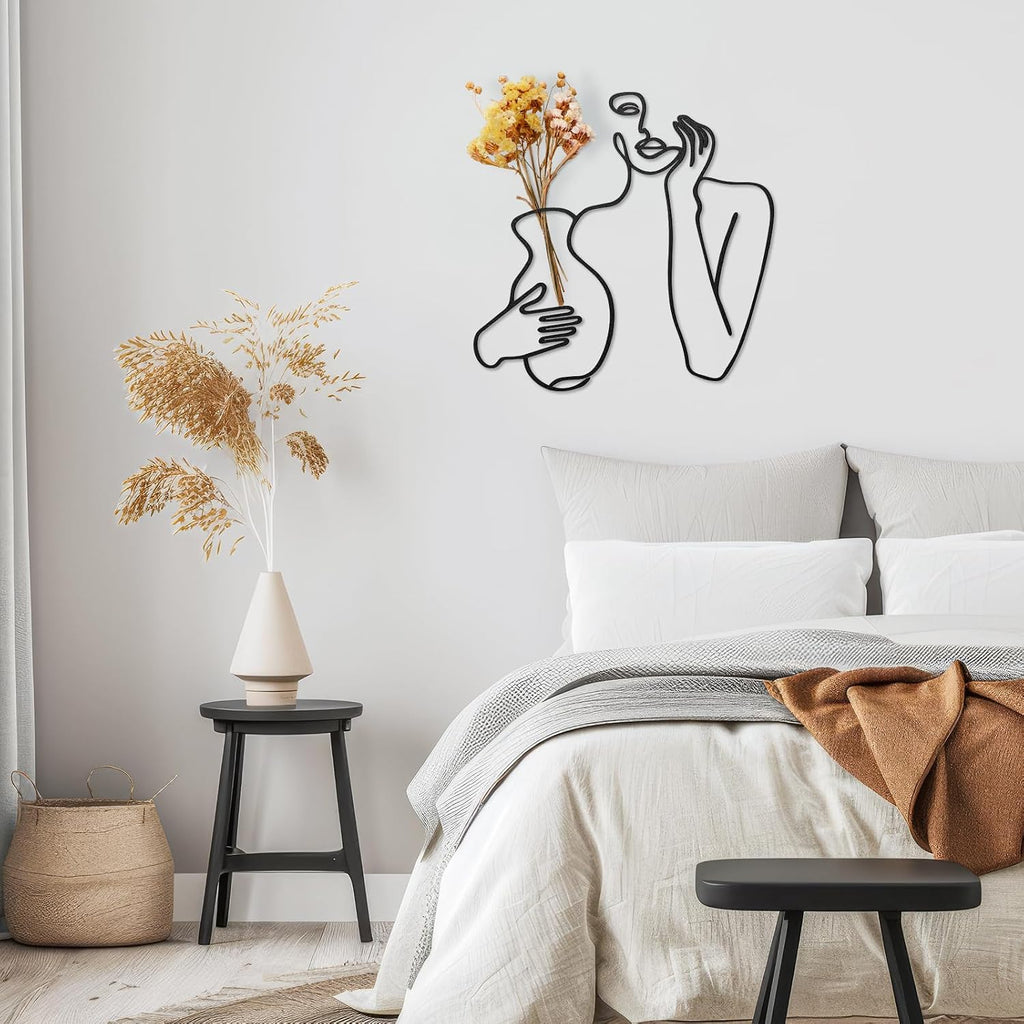 Black Metal Wall Decor, Abstract Woman Wall Art, Minimalist Line Vase Decor, Modern Aesthetic Metal Women Art Bedroom