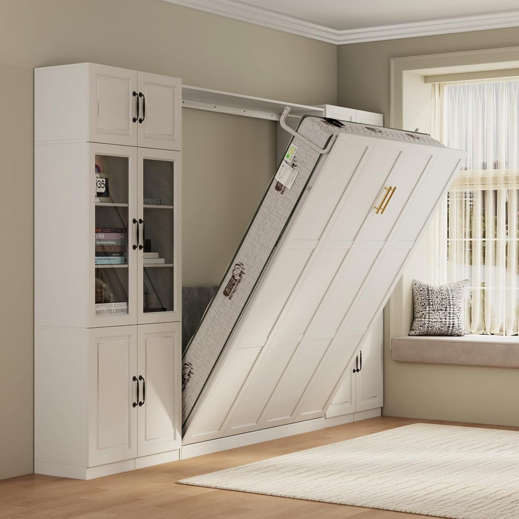 Farmhouse Murphy Bed Queen, 85" Wall Bed Folds to Save Space, Concealed Bed Frame with 2 Glass Storage Cabinets and