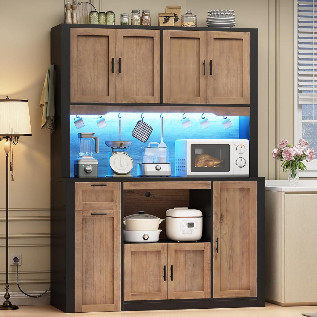 71" Pantry Cabinet with Charging Station and LED Light, Kitchen Pantry Cabinet with Microwave Stand, 47.2" Wide