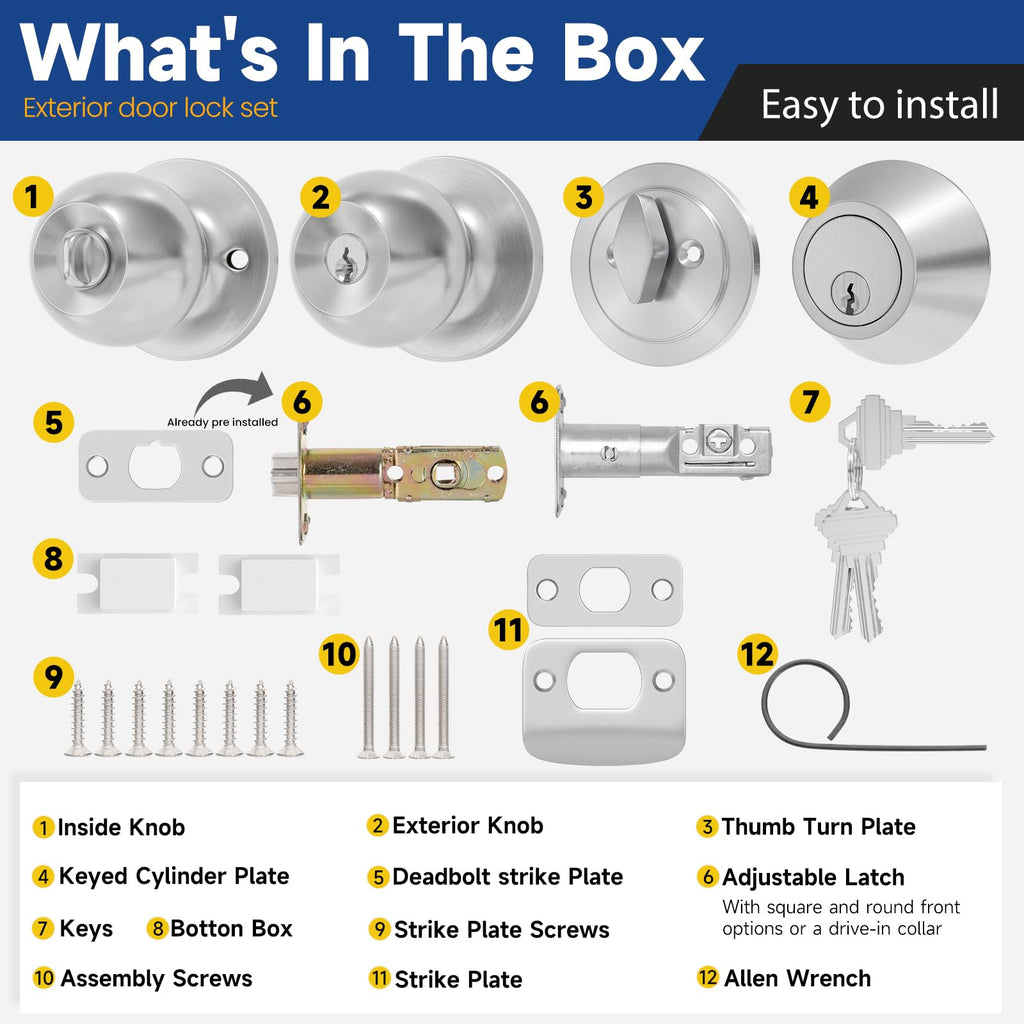 Keyed Same Exterior Door Lock Set, Front Door Lock Set, Satin Nickel, 1Pack