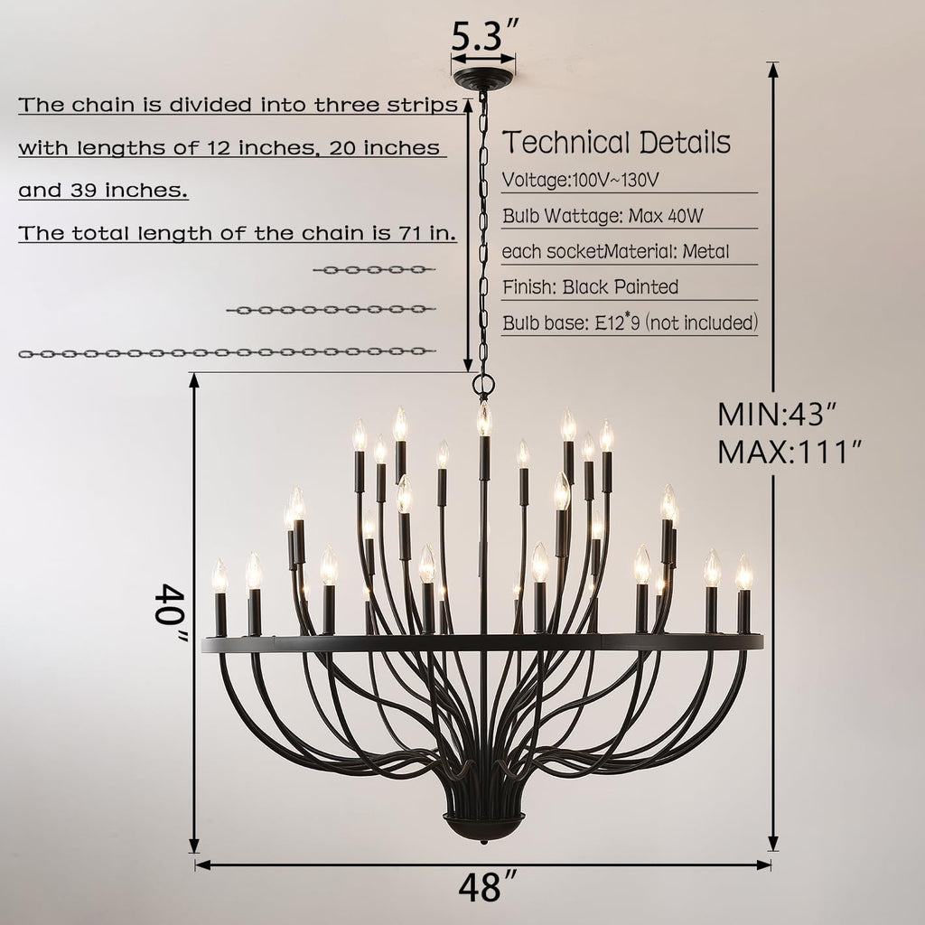 Black Chandelier 36-Light Industrial Iron Candle Chandelier Modern Suspended Farmhouse Chandeliers Pendant Light Fixtures for Dining Room Bedroom Living Room Kitchen Island Foyer E12 Bulb A109-B0DLGCW1N2