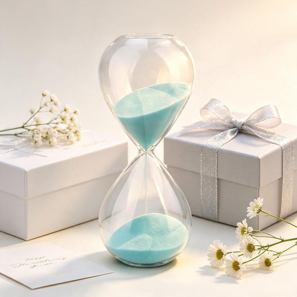 Hourglass, Light Blue Sand Timer, 15 Minute Hand-Blown Glass