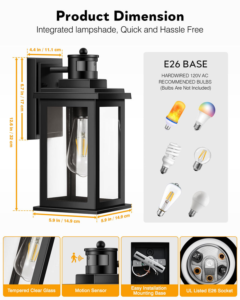 Motion Sensor Outdoor Light, 2 Packs Exterior Lights, Black Waterproof Dusk to Dawn Outside Porch Lights Lantern for