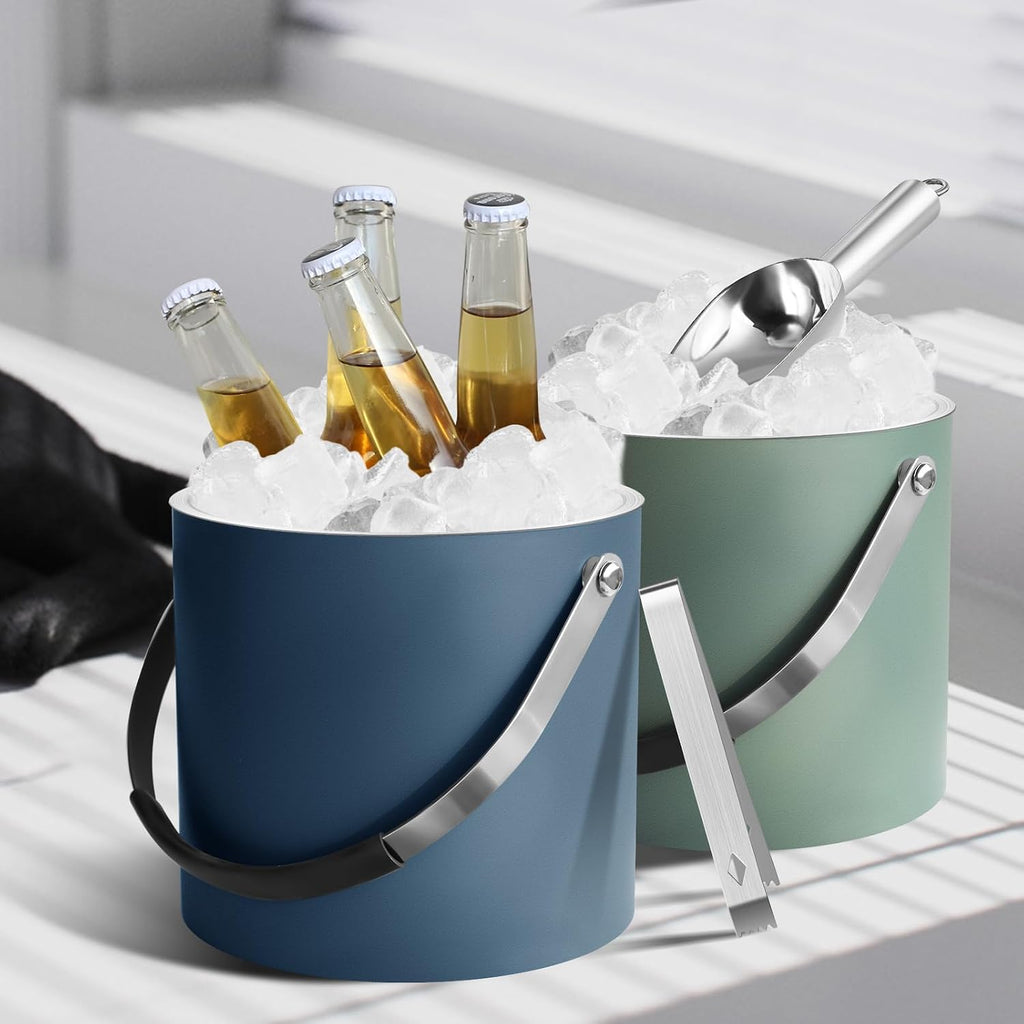 3L Ice Bucket with Silicone Lid, Scoop, Tongs & Strainer, Stainless Steel Double Wall Insulated Ice Buckets