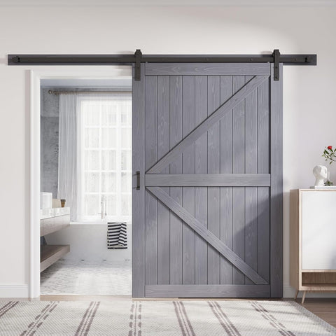 54in x 84in Gray Wood Barn Door Slab with 9ft (108inch) Barn Door Hardware Track Kit Included, Doubl