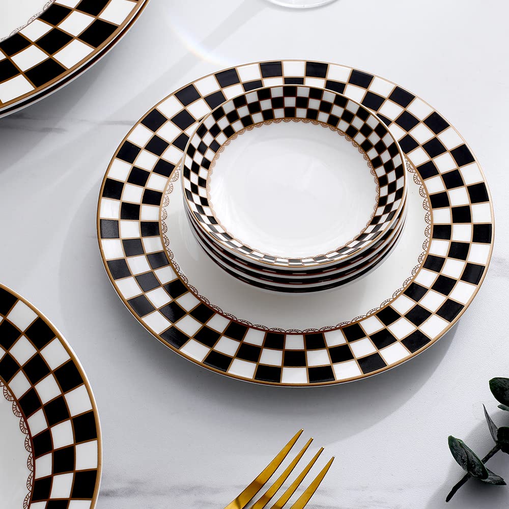 Checker Pattern 20-piece Round Dinnerware Set for 4, Porcelain Dinner Sets