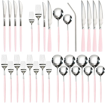 Silverware Set with Steak Knives 24-Piece Flatware Set for 4 Food-Grade Stainless Steel Pink Cutlery Set Mirror