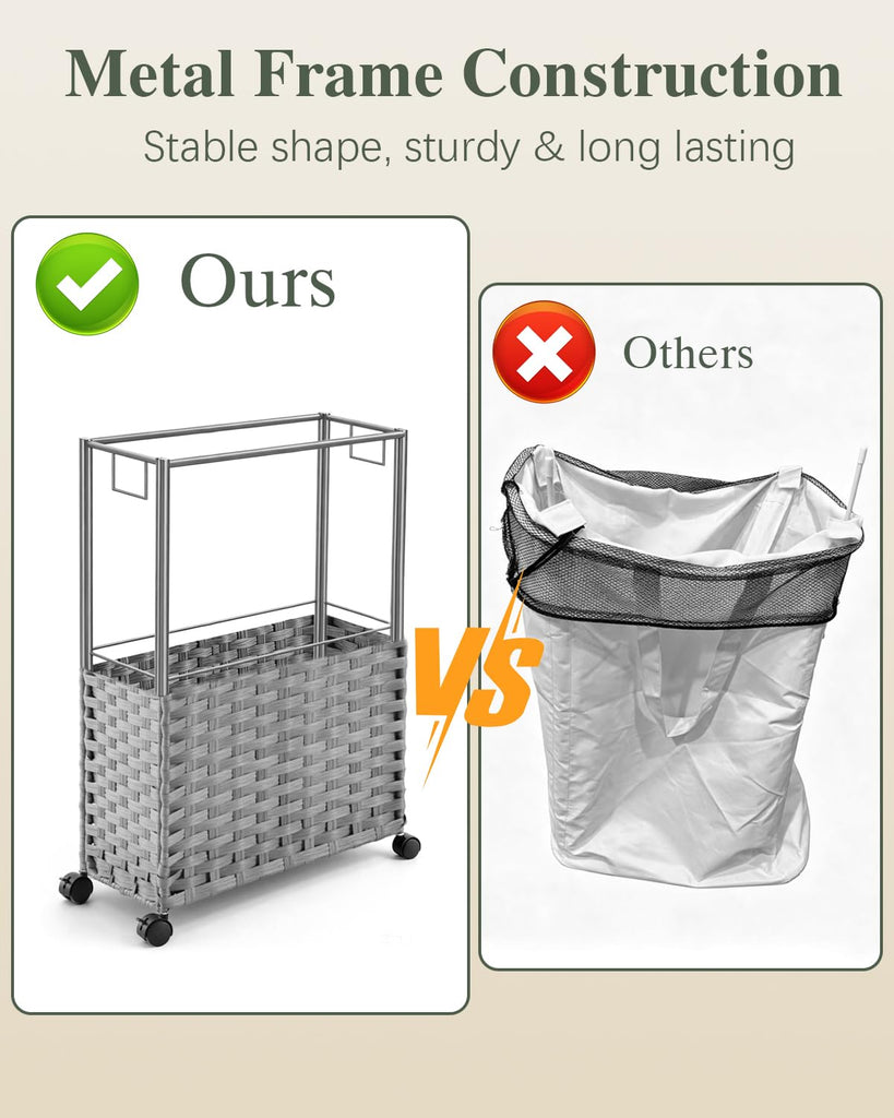 Slim Laundry Hamper 75L rolling laundry basket with Wheels Grey
