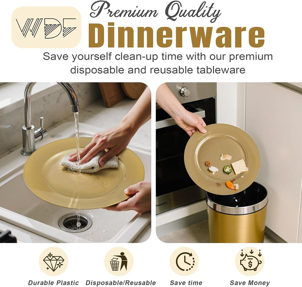 12Inch Plastic Charger Plates - 25Pack Gold Charge for Dinner - Disposable Gold Charge Plates - Set of 25