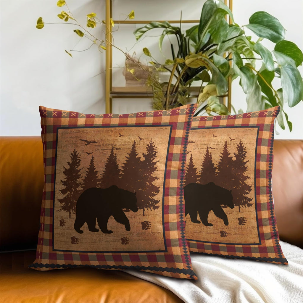 Bear Throw Pillow Covers 18x18 Inch Set of 2 Forest Cabin Nature Wildlife Square Pillowcase Buffalo Plaid Decorative