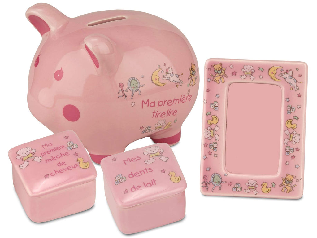My First Piggy Bank Gift Set for Baby Boy - 4 Pcs Keepsake Gift Set Includes Piggy Bank, First Curl, First Tooth and