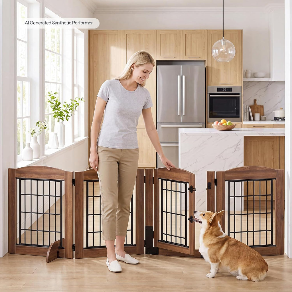 4 Panels Dog Gate Indoor with Door, 24.8'' Tall Freestanding Pet Gate with 2 Support Feet, Foldable Dog Fence