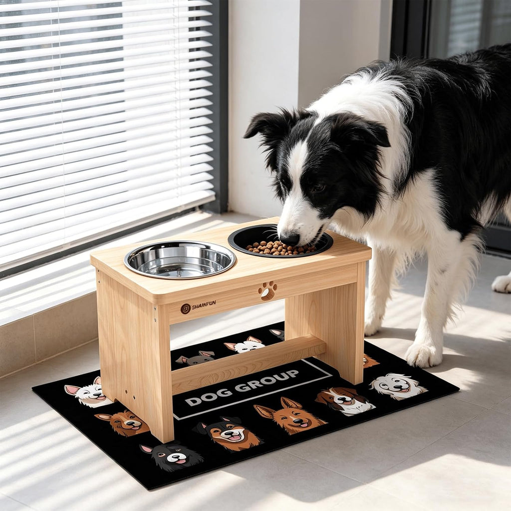 Elevated Dog Bowls with Slow Feeder & Mat for Medium and Large Dogs, 10" Tall Wooden Raised Dog Bowl Stand, 2