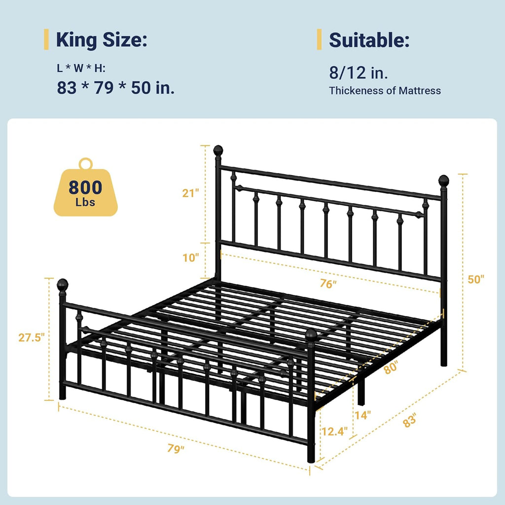 14 Inch King Metal Platform Bed Frame with Victorian Vintage Headboard and Footboard/Mattress Foundation/Under Bed