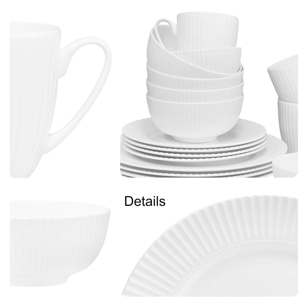 Bone China Dinnerware, 20PC Set, Service for 4, White Embossed, stripe, Microwave Safe, Translucent, Elegant