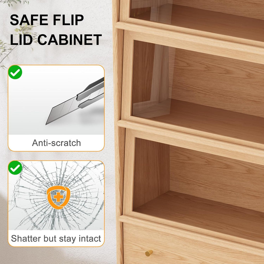 73" H Tall Solid Wood Bookcase with Flip-Up Tempered Glass Doors and 3 Color Led Lights,4 -Tier Wooden Bookshelf with