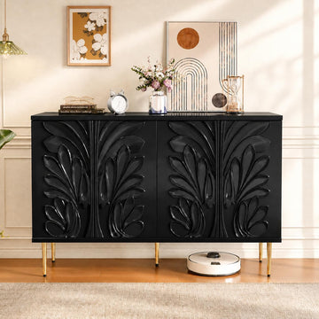 Sideboard Buffet Cabinet with 3D Flower Pattern, Accent Cabinet with 4 Doors & Adjustable Shelves